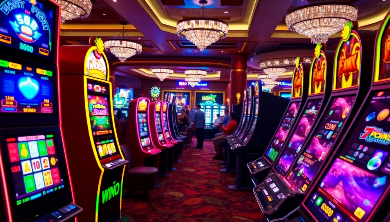 Joueurs appréciant les machines à sous en ligne dans un casino vibrant et coloré.