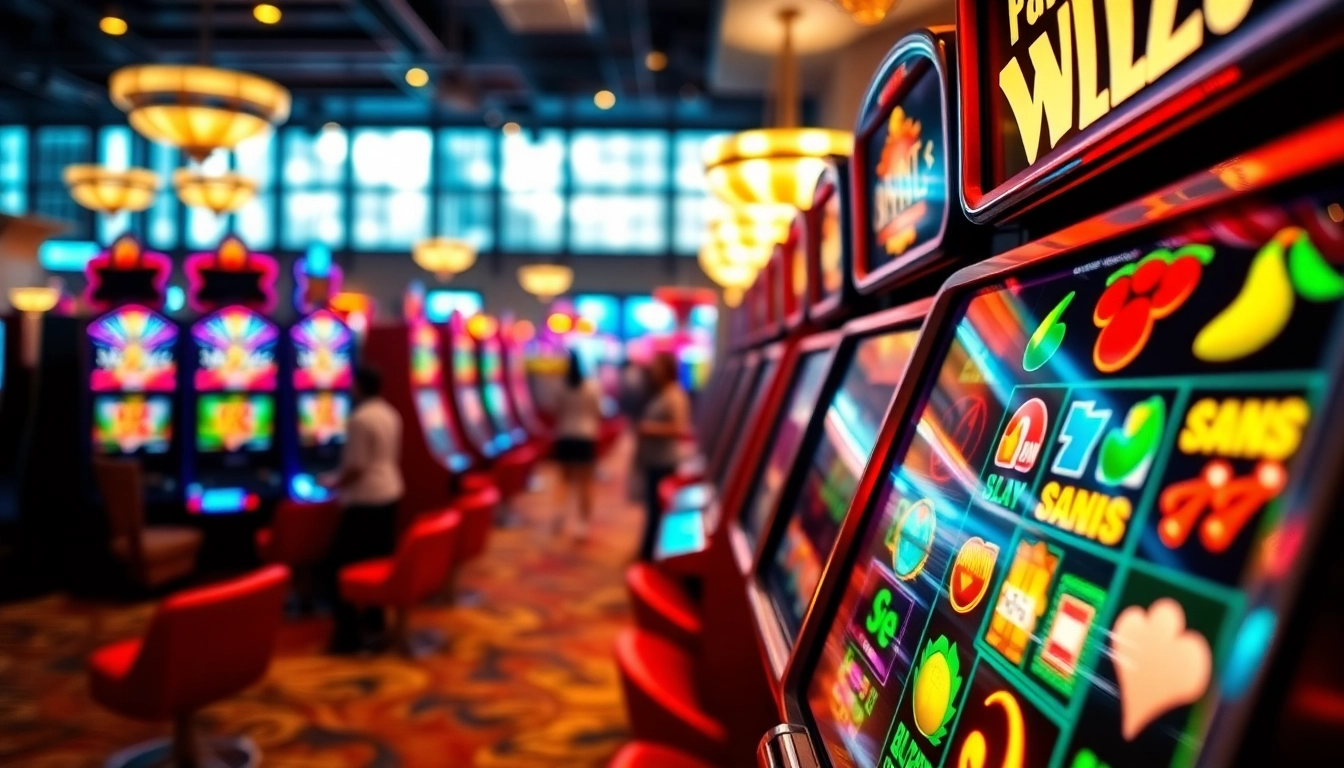 Jouer aux machines à sous en ligne avec des lumières vives et colorées dans une ambiance de casino. related image