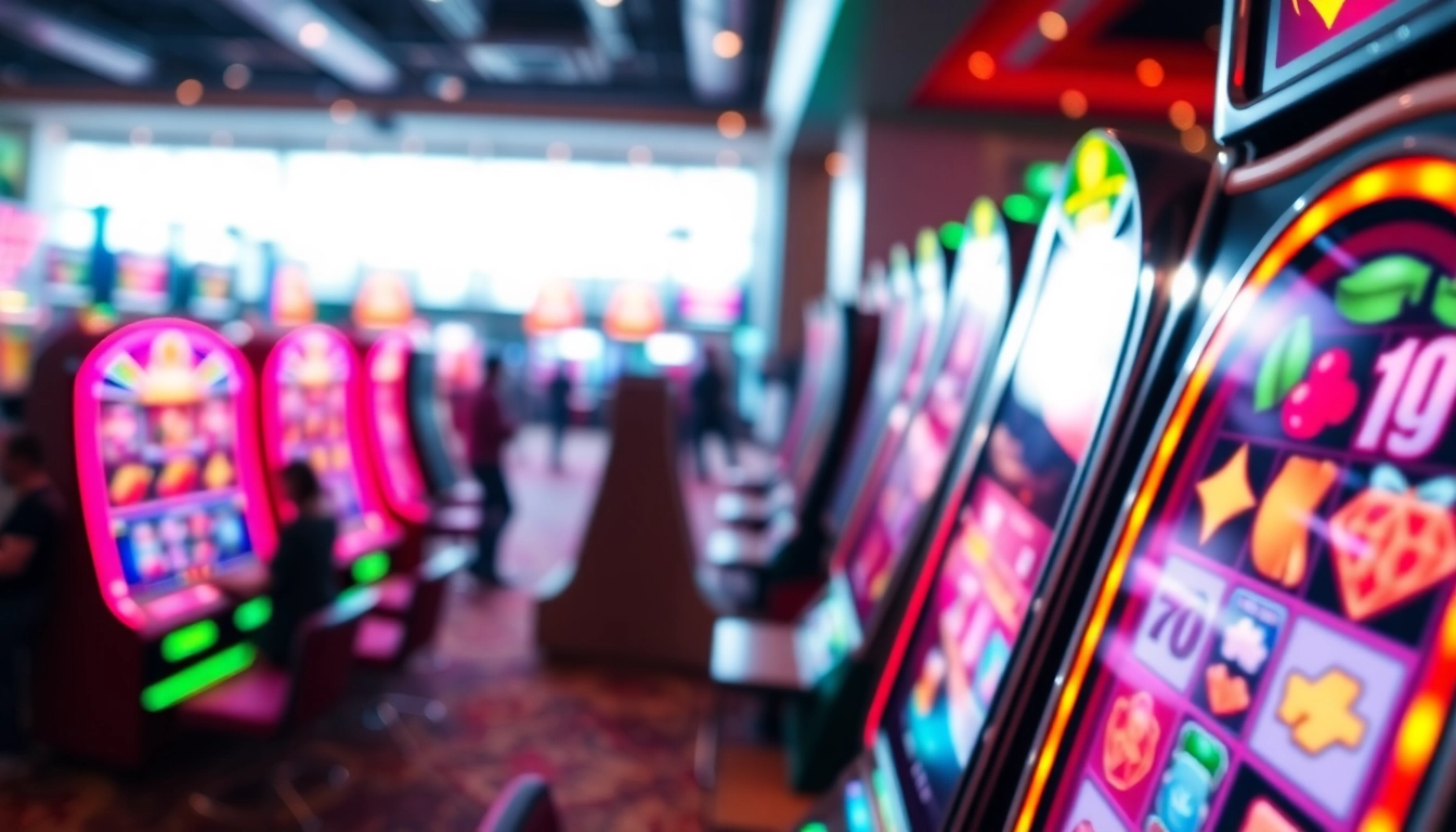 Jouer aux machines à sous en ligne avec des lumières vives et colorées dans une ambiance de casino.