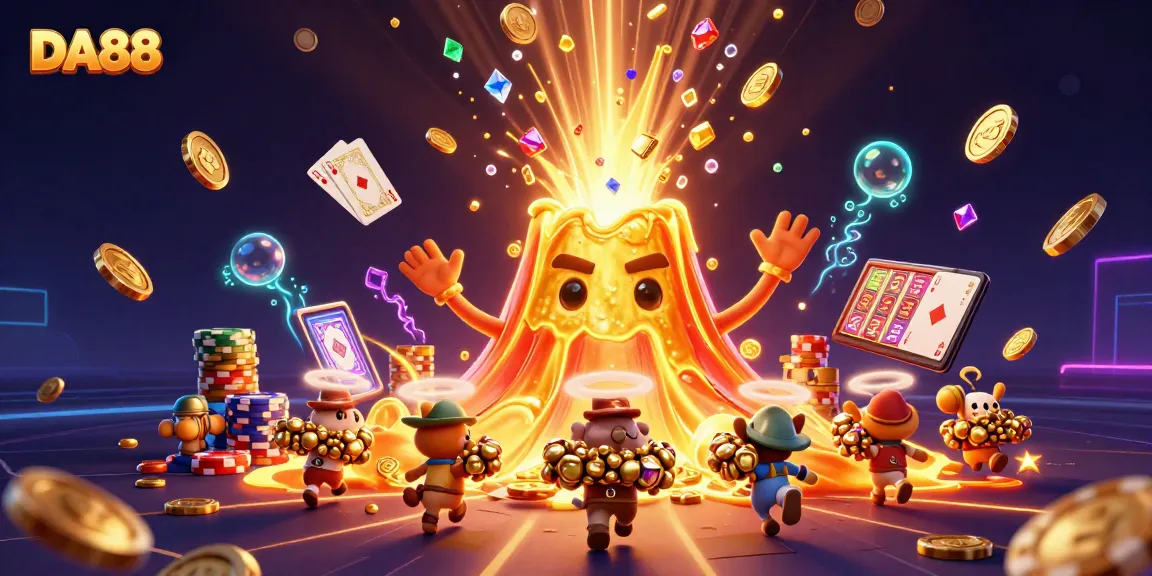 DA88 erupts with treasure as cartoon animals rush for golden gains in a vibrant casino scene.