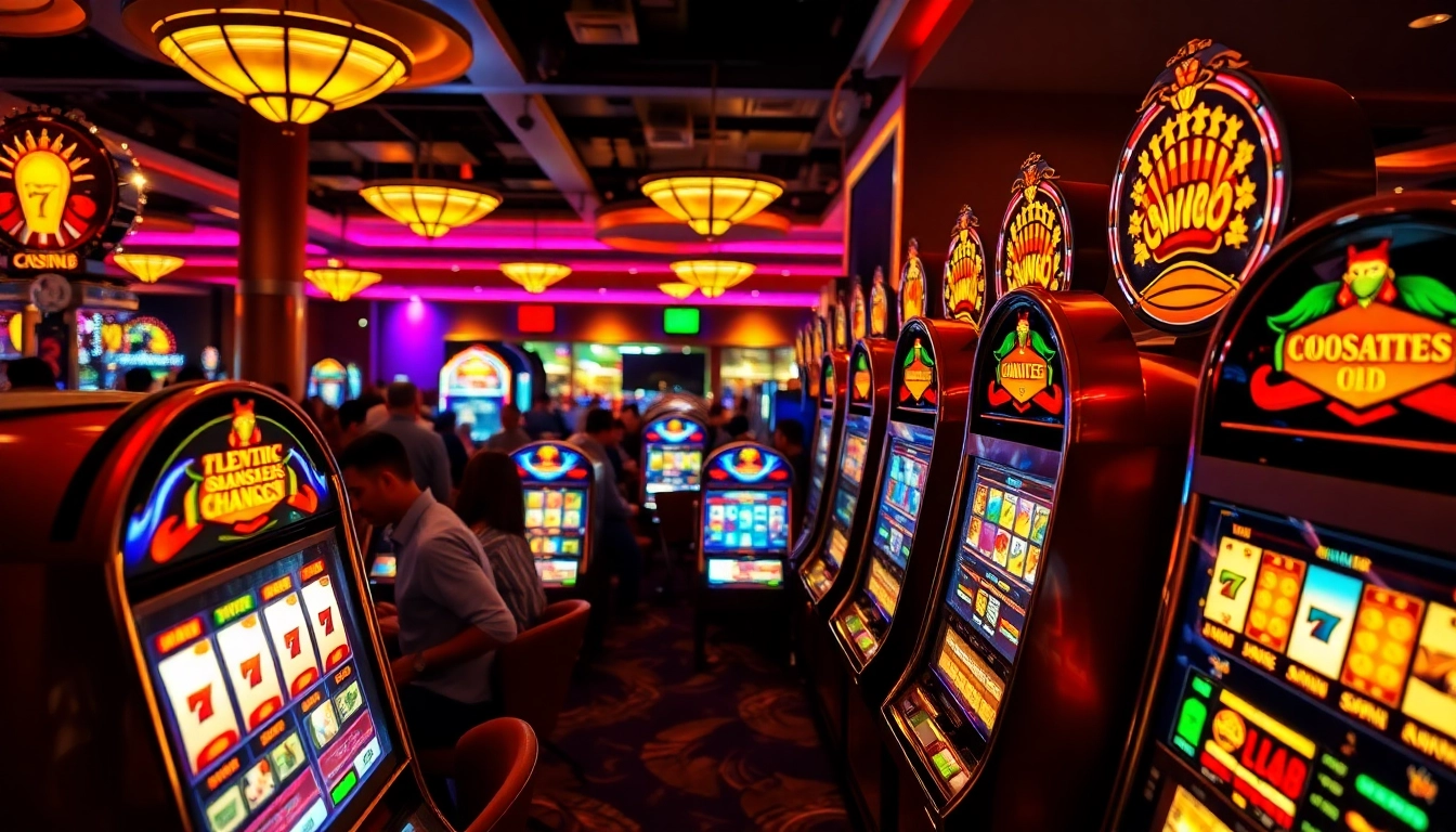 Jouer à la machine à sous casino avec des joueurs enthousiastes dans une ambiance de casino vibrante.