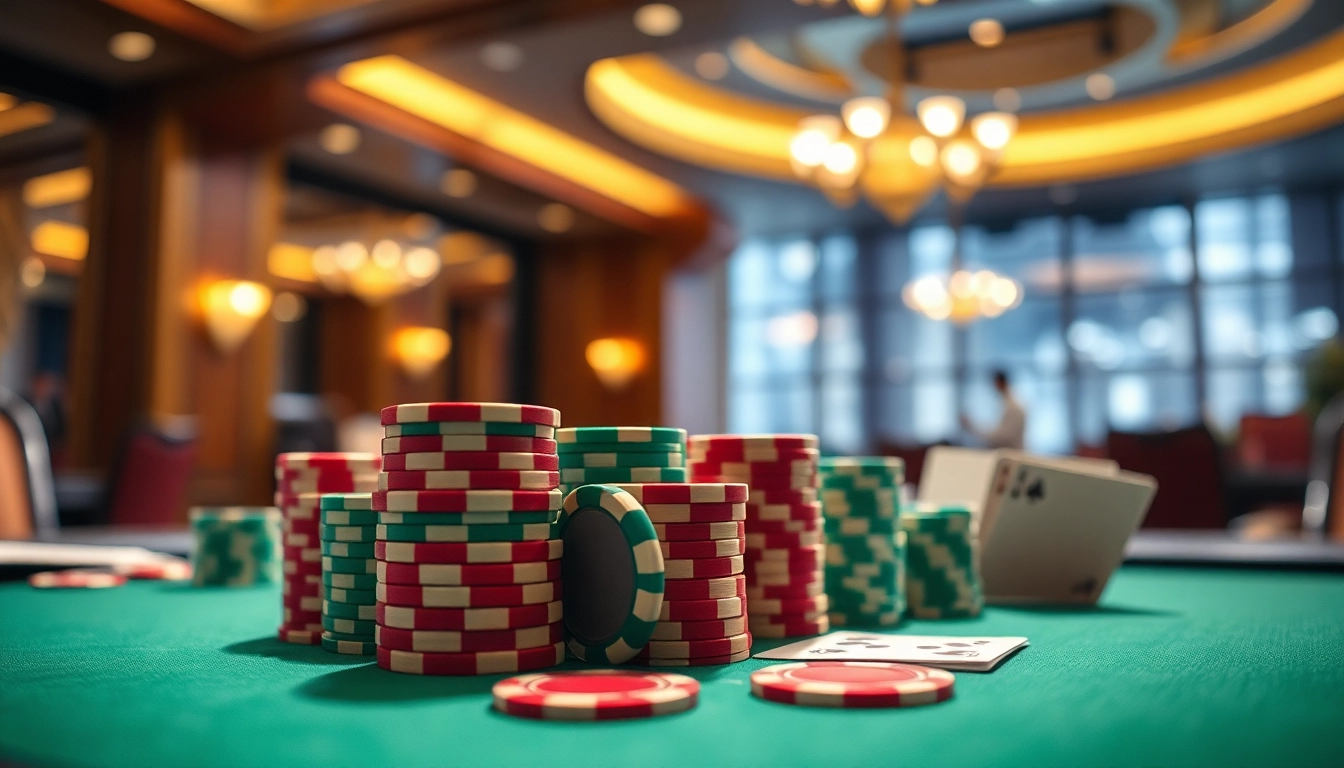 Jouer à un casino en ligne avec des jetons colorés et des cartes sur une table élégante. related image
