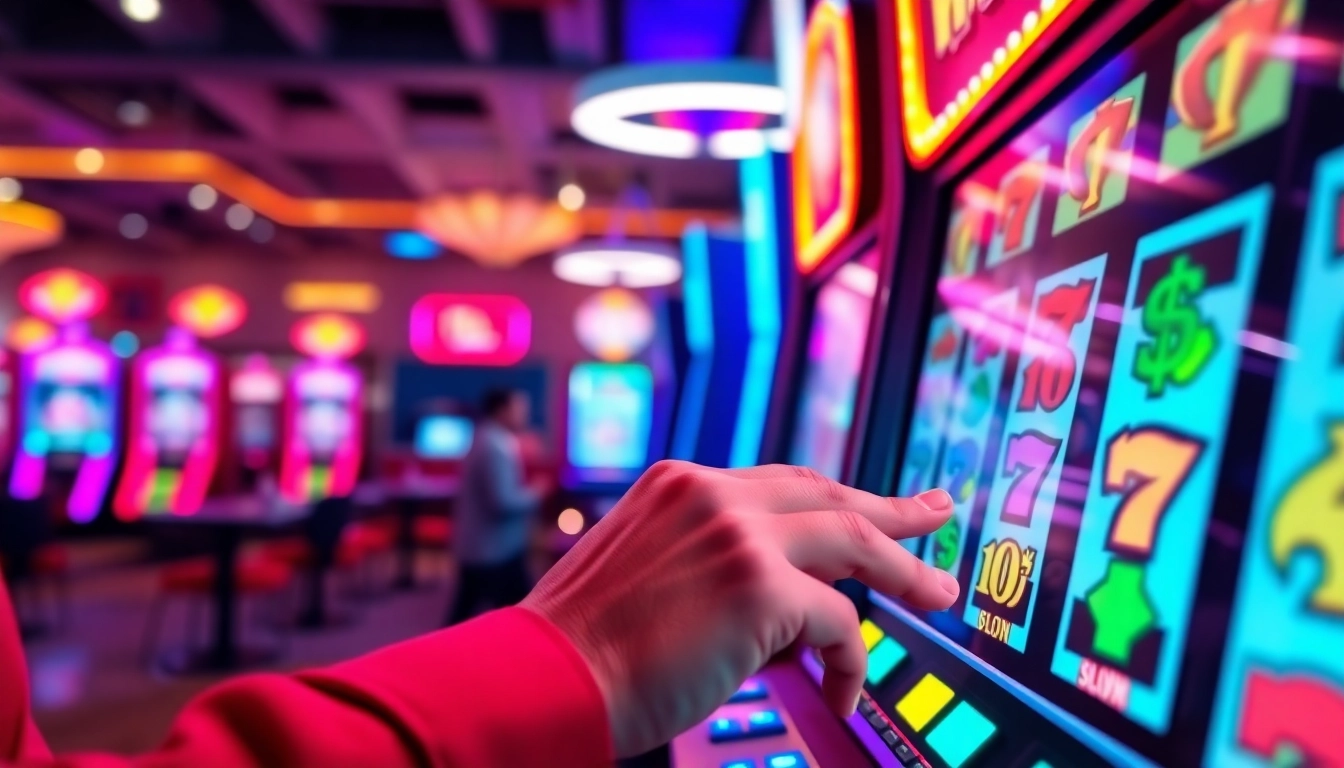 Un joueur utilisant un casino en ligne retrait immédiat sur une machine à sous moderne et lumineuse. related image