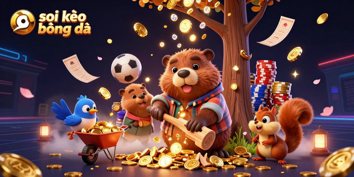 Soi kèo bóng đá scene with a cartoon beaver, bird, and squirrel amid sports betting elements.