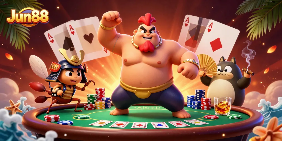 Experience thrilling Jun88 moments with a dynamic poker scene featuring a sumo wrestler, samurai cricket, and tanuki announcer.