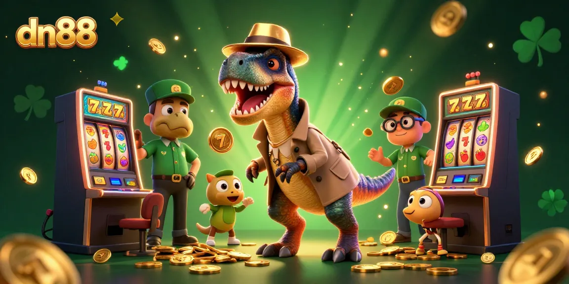 Win big with dn88 at the slot machines, featuring playful dinosaurs amidst coin drops and vibrant graphics.