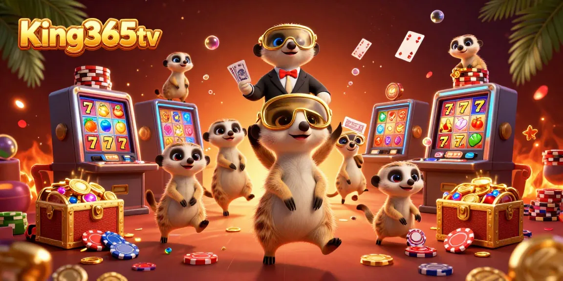 Engage with King365tv through a vibrant casino scene featuring playful meerkats amidst dynamic slots and gold treasures.