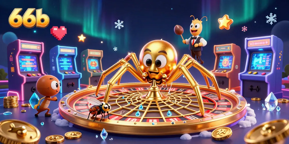 Bet and win big with 66b at this vibrant online casino scene with a spinning roulette web.