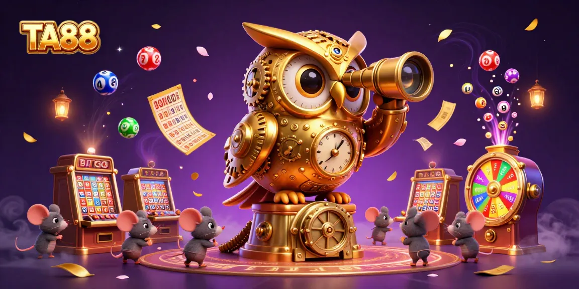 Engage with TA88 as the clockwork owl surveys vibrant casino thrills with colorful elements.