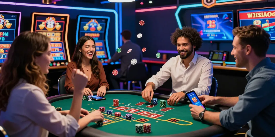 Atmosphère dynamique de casino en ligne avec des joueurs célébrant des gains sur des appareils numériques, jeu de blackjack et machines à sous visibles.