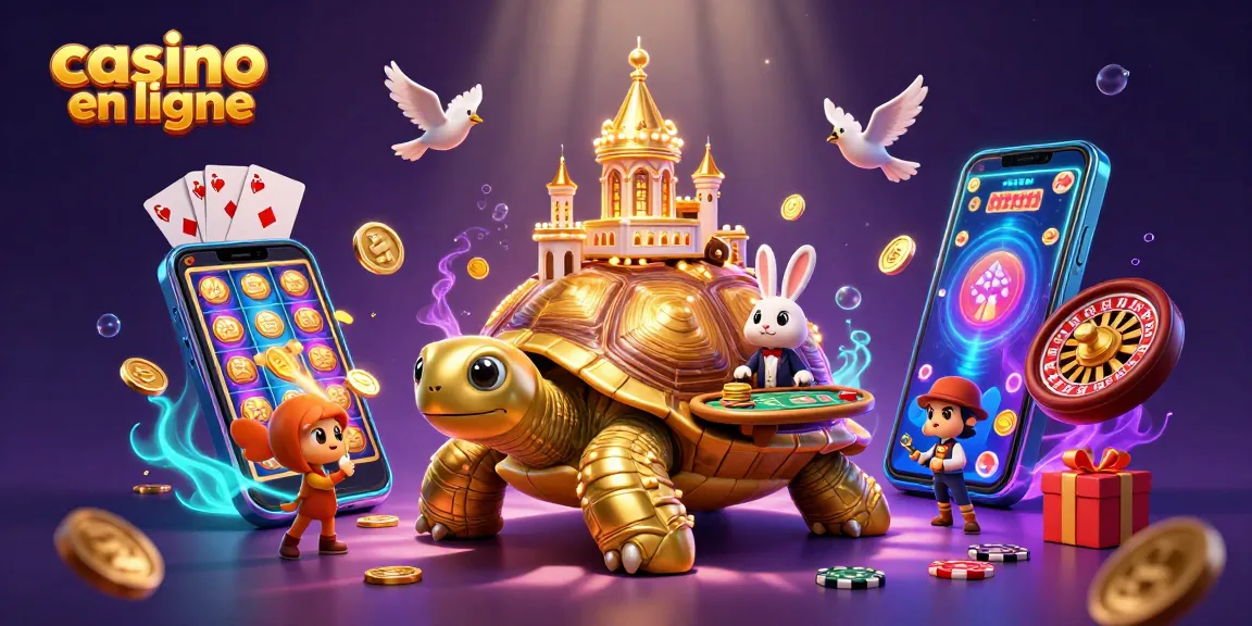 Jouez en ligne au casino avec cette illustration de tortue géante et un croupier.