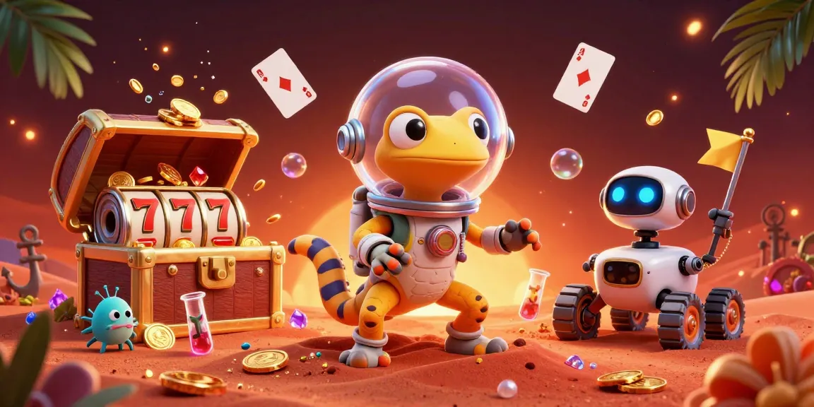Illustration de casino en ligne avec un gecko Martien découvrant une machine à sous dorée sur Mars.