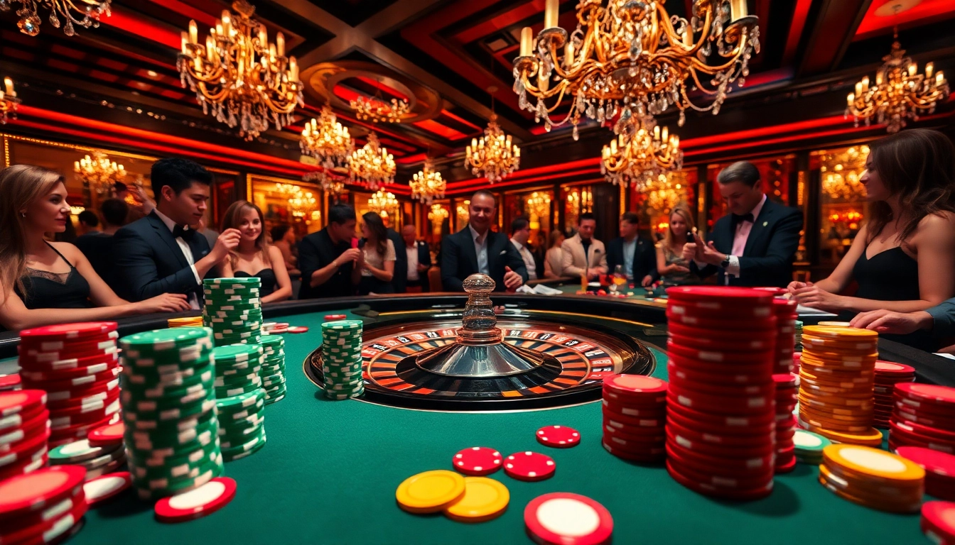 Joueurs excitants à un casino en ligne avec un tableau de roulette coloré et des jetons.