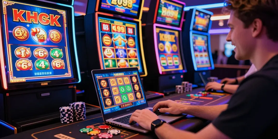 Joueur profitant d'une expérience de casino en ligne avec des jeux de table et des machines à sous, ambiance colorée et festive.