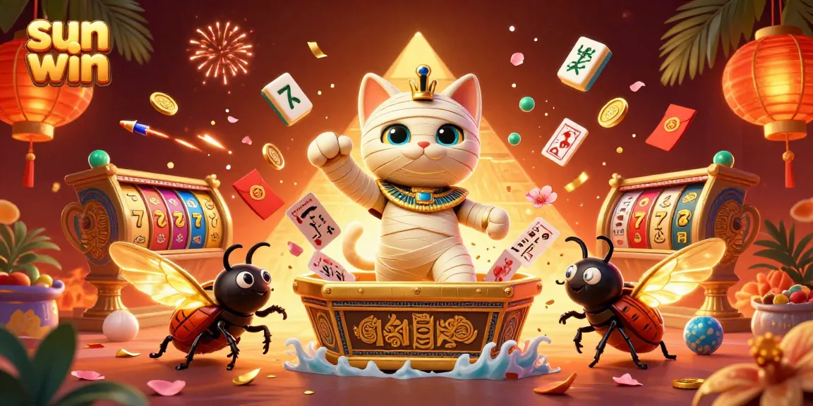 Experience the thrill of sun win with vibrant 3D casino adventures featuring golden sarcophaguses and joyful game elements.