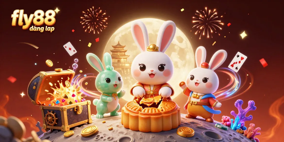 Experience the excitement of fly88 đăng nhập as our moon rabbit reveals poker chips in a vibrant, festive scene.