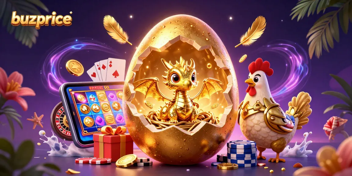Experience thrilling wins at buzprice with a golden dragon emerging from a cracking egg surrounded by casino elements.