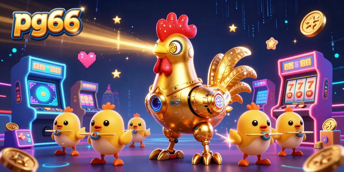 Experience thrilling action at pg66 with a retro-futuristic casino scene, featuring golden rooster robots.