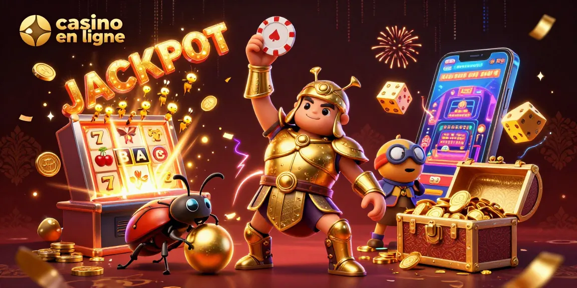 Jouer au casino en ligne avec un scarabée héros levant un jeton de poker, entouré de machines à sous et de lumière.
