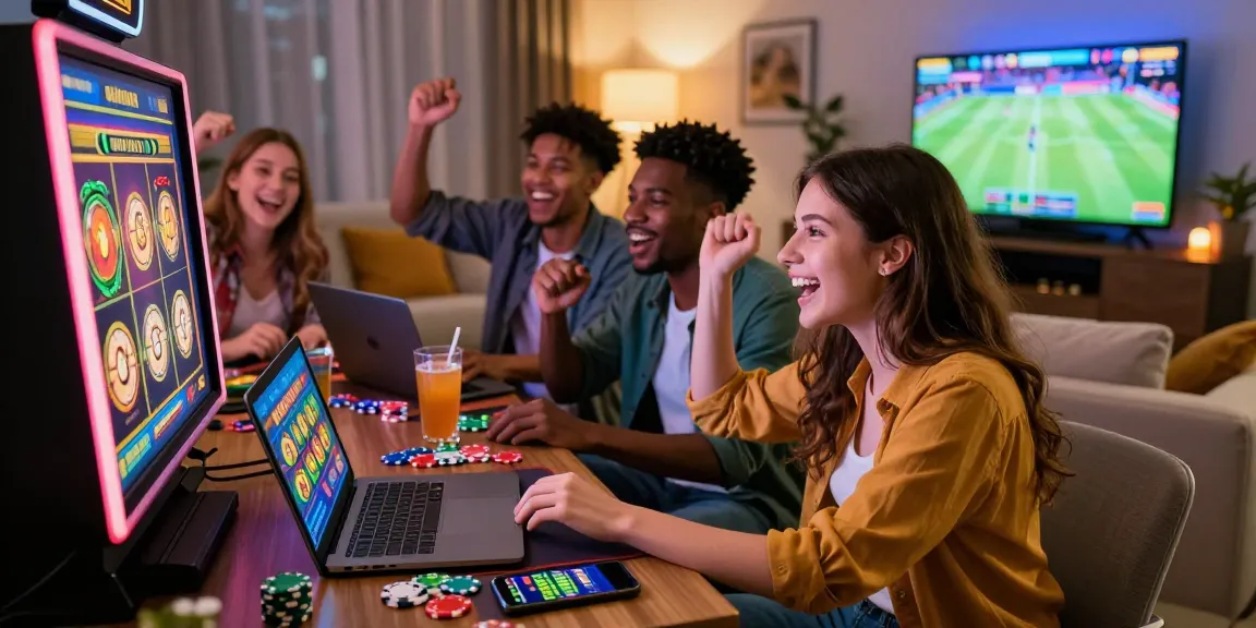 Jeux de casino en ligne captivants avec une femme profitant d'une machine à sous pendant une soirée entre amis, illustrant l'excitation du casino en ligne.