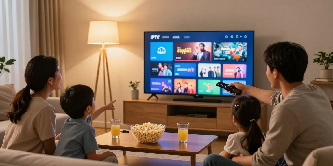 Abonnement IPTV dans un salon familial, profitant d'une soirée cinéma avec des rires et une ambiance chaleureuse.