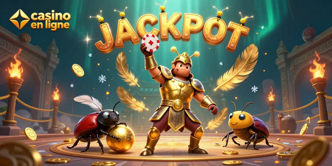 Profitez d'une victoire au casino en ligne avec une scène dynamique de personnages et d'éléments de jeu.