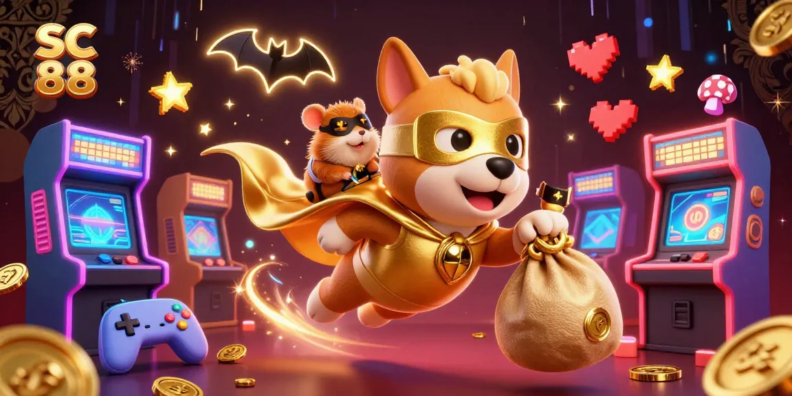 Join SC 88 with a playful superhero dog and hamster battling for gold coins amidst vibrant casino gaming.
