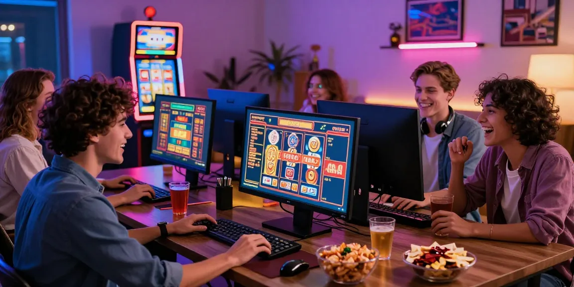 Groupe d'amis jouant à des jeux de casino en ligne, ambiance joyeuse et lumineuse.