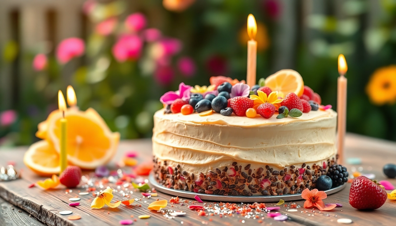 Dégustez un VEGAN BIRTHDAY CAKE orné de fruits frais et de fleurs comestibles pour célébrer votre anniversaire.