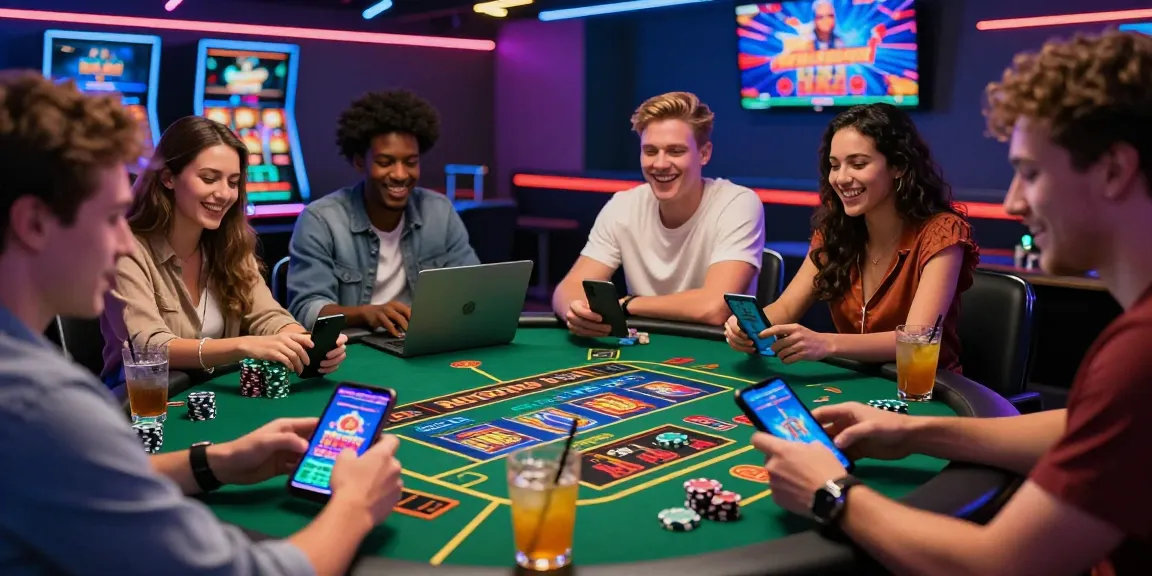 Une scène de casino en ligne, amis jouant à des jeux passionnants sur leurs appareils, ambiance dynamique et moderne.