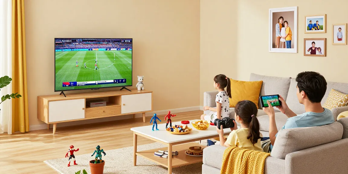 Abonnement IPTV : famille regardant des chaînes en 4K dans un salon moderne.