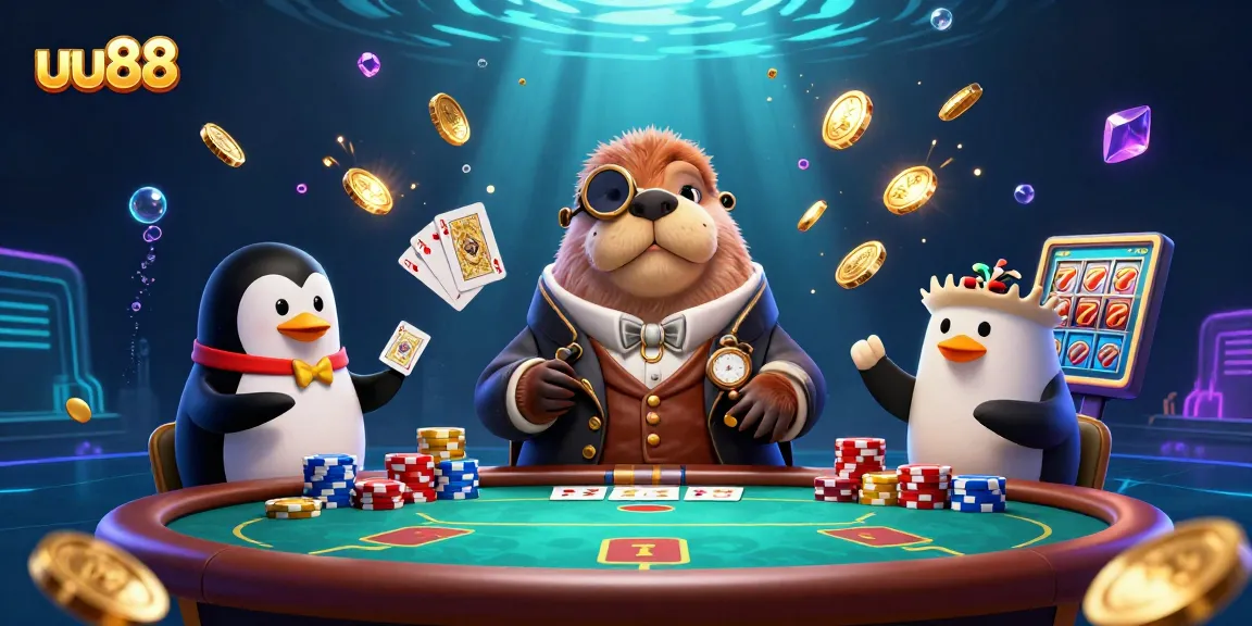 Experience thrilling gameplay at uu88 with an underwater poker scene showcasing a walrus, penguin dealer, and bluffing pufferfish.