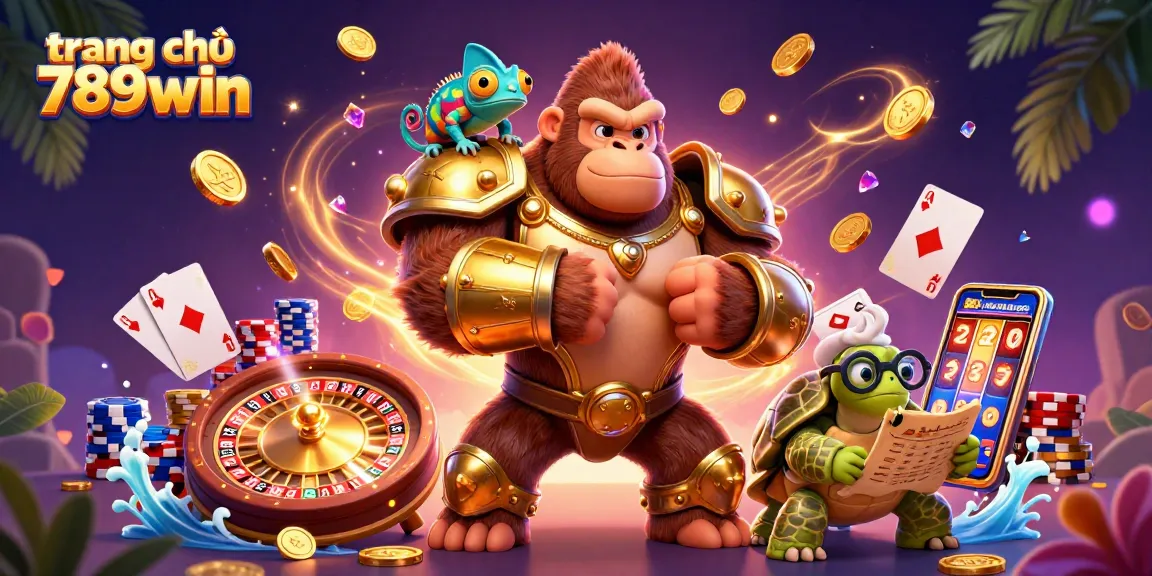 Engage with the vibrant world of trang chủ 789win featuring a powerful gorilla, chameleon, and tortoise amidst cascading casino elements.