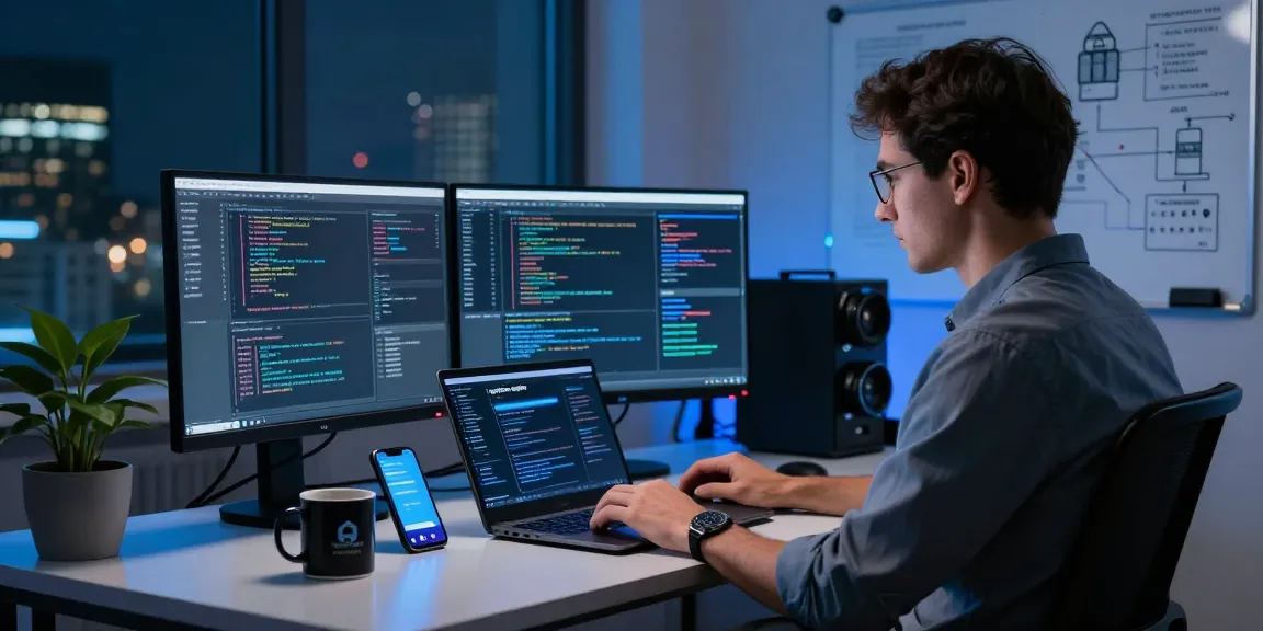 Expert en cybersécurité analysant des applications espion sur écran dans un bureau moderne.