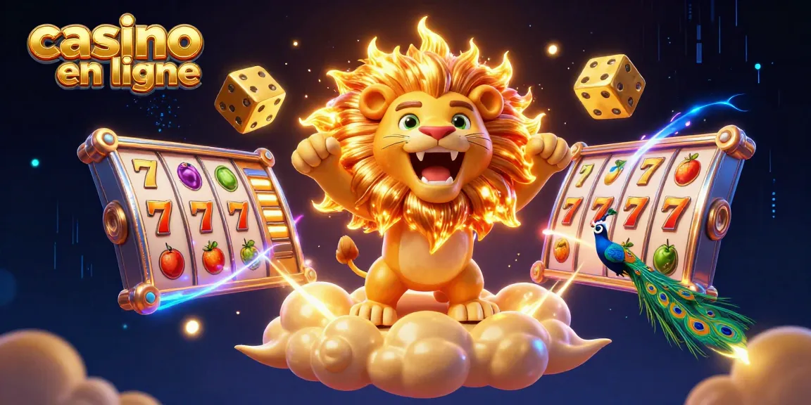 Revivez l'excitation des jeux de casino en ligne avec cette scène vibrante et dynamique de notre lion en 3D, entouré de rouleaux et de symboles gagnants.