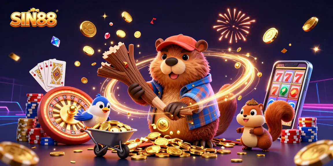 SIN88 interactive scene illustrating a playful beaver chopping a tree that rains gold coins, enhancing the casino atmosphere.