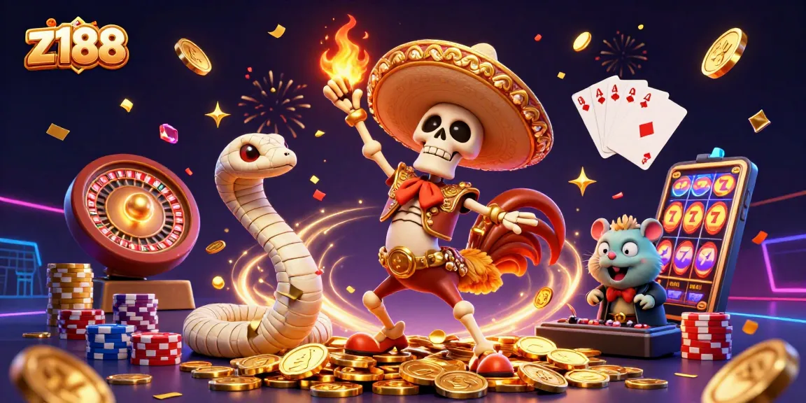 Experience thrilling wins at z188 with a vibrant 3D casino scene filled with gold coins, unique characters, and game elements.