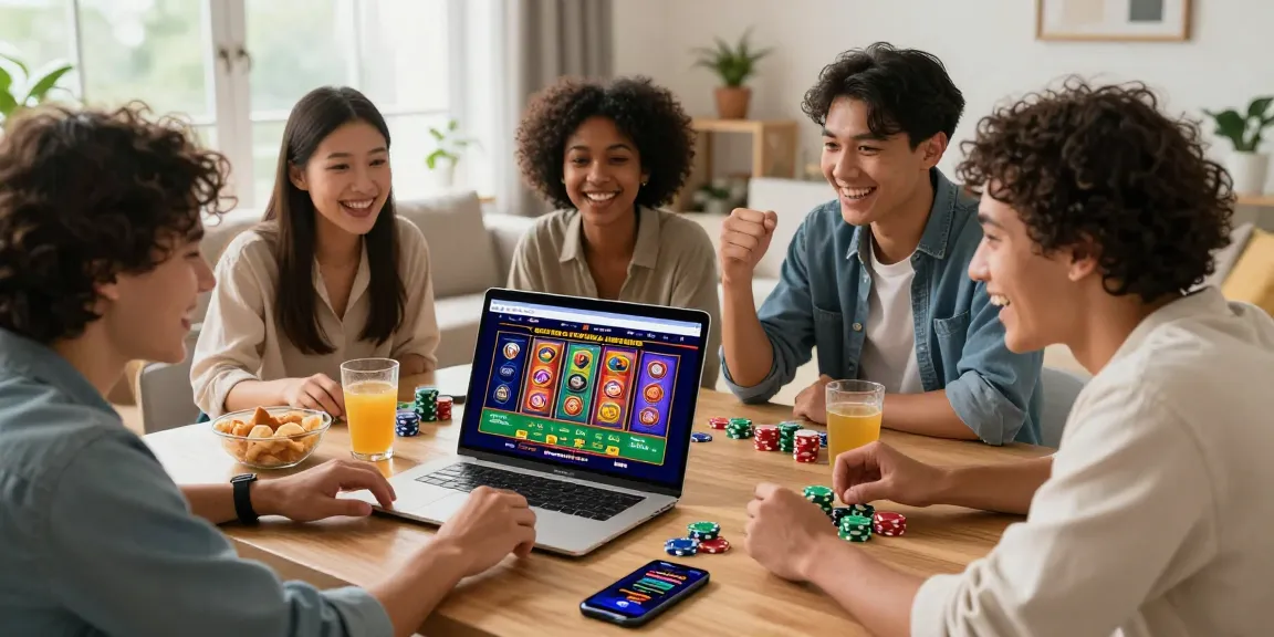 Groupe d'amis jouant ensemble sur un casino en ligne, ambiance festive avec jeux colorés et décor moderne.