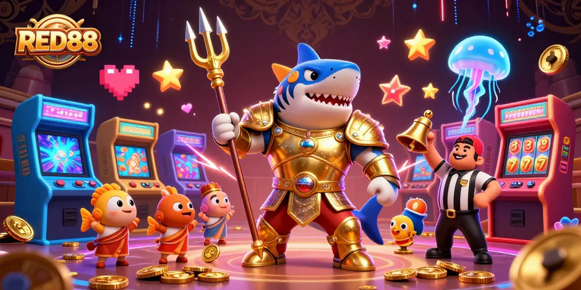 Engage with RED88's vibrant underwater casino art featuring a golden shark and lively arcade elements.