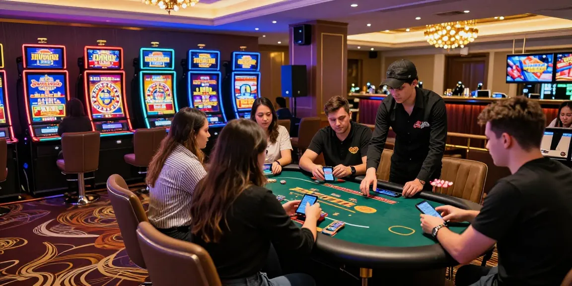 Casino en ligne dynamique avec des joueurs engagés dans différents jeux et une ambiance colorée, intégration du jeu mobile visible.