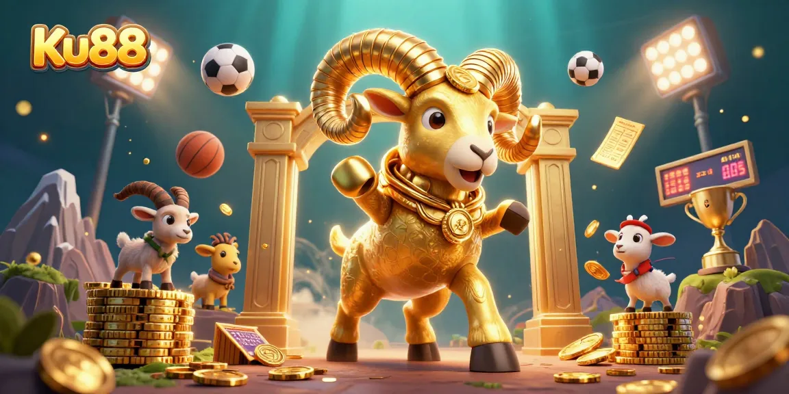 Experience thrilling wins at Ku88 with a vibrant 3D casino illustration showcasing dynamic sports betting elements.