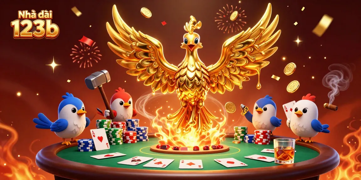 Experience thrilling gaming at Nhà cái 123b, featuring a golden phoenix, poker elements, and festive confetti.