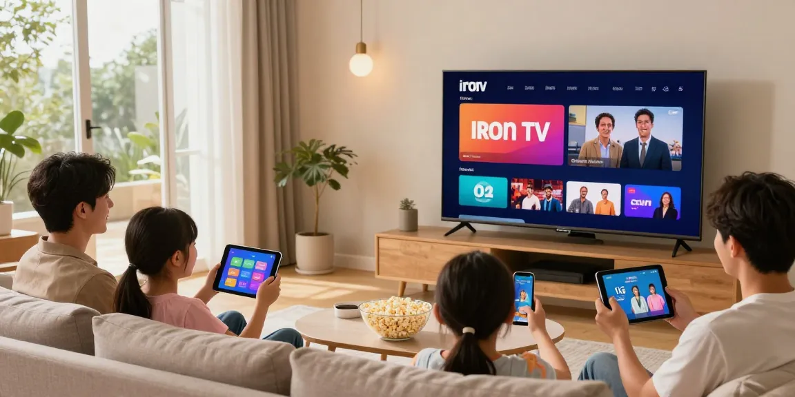 Family enjoying Iron TV streaming on a smart TV in a cozy living room.