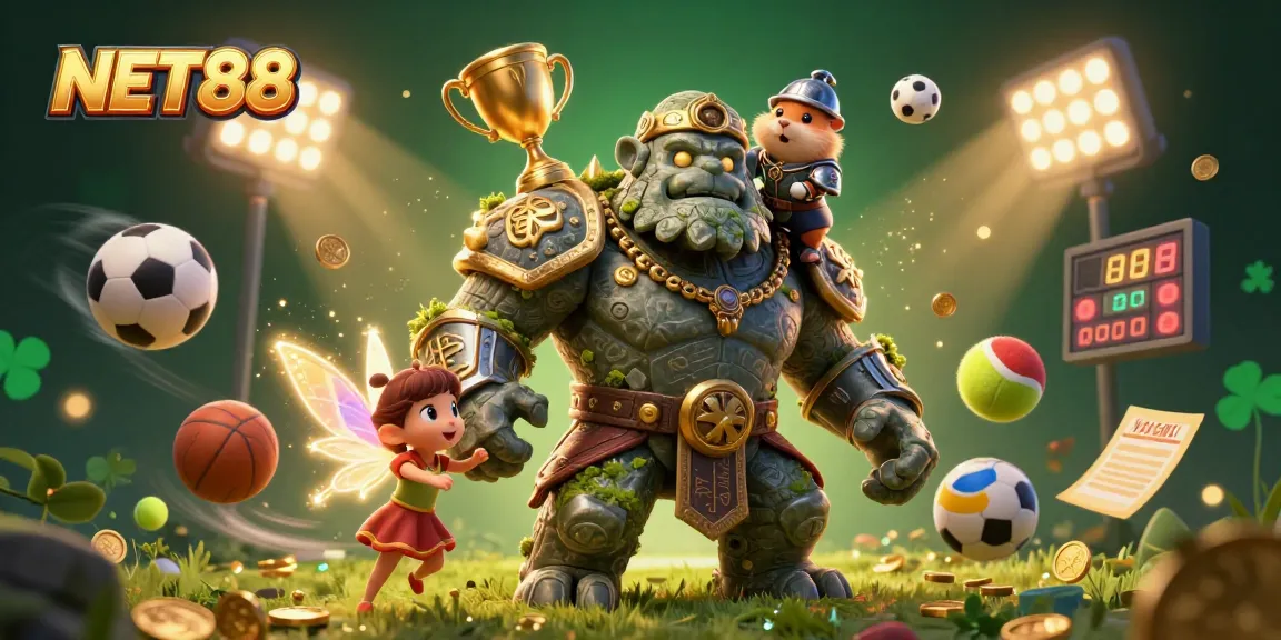 Engage with NET88 sports betting excitement in a vibrant 3D animated casino scene.