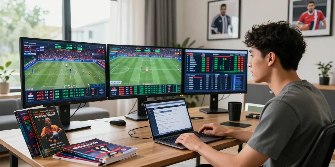 Scène de pari avec un bookmaker sans limite de mise, parieur concentré devant trois écrans avec événements sportifs.