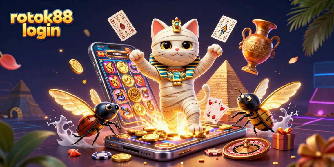 Experience engaging gameplay with rokok88 login in a vibrant casino environment featuring a cartoon mummy cat.