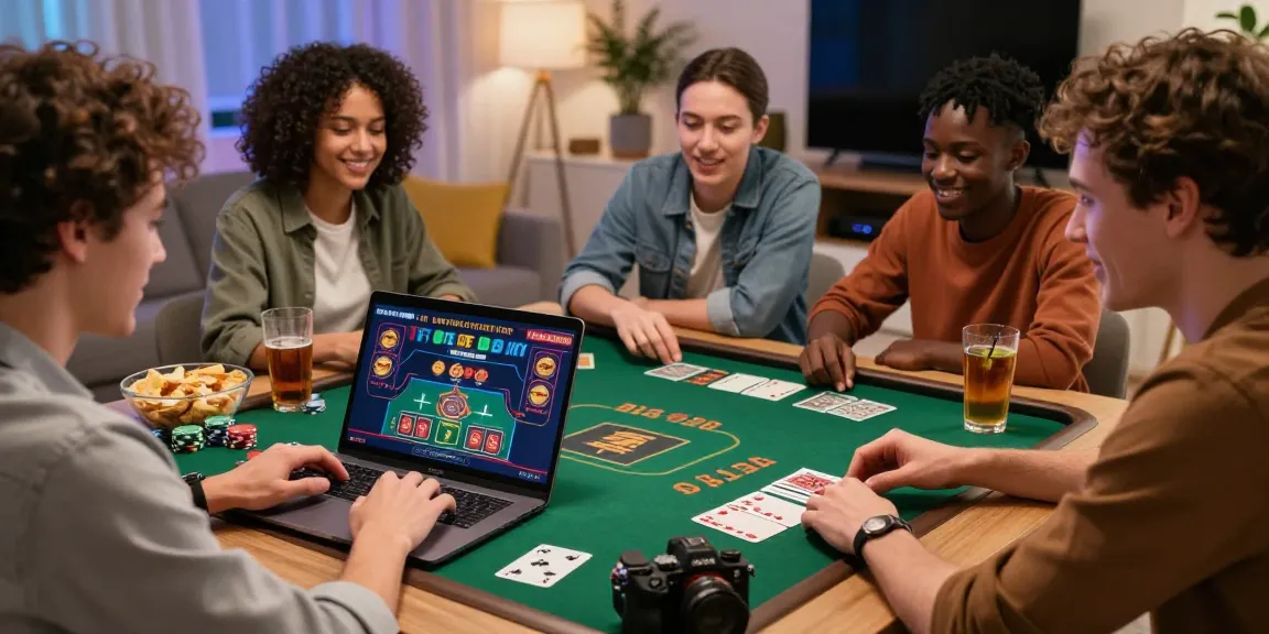 Amis s'amusant dans un casino en ligne avec ordinateurs et jeux.