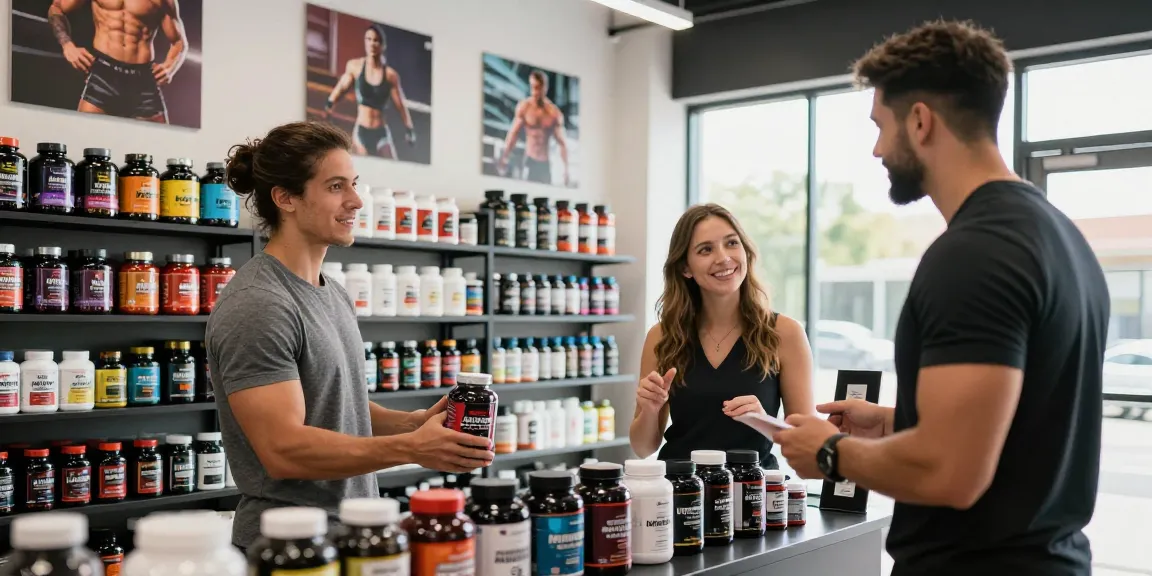 Scène dynamique de la Boutique de Stéroïdes présentant un client examinant des suppléments de performance.