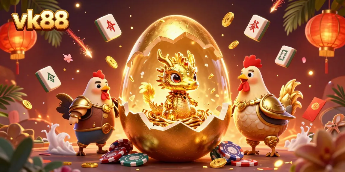 Engage in thrilling gameplay with vk88's vibrant, animated casino scene featuring a golden baby dragon and poker chips.