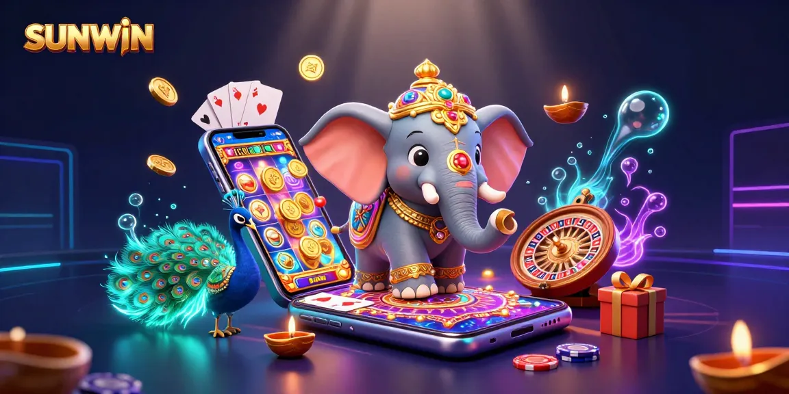 SUNWIN captures the fun of online slots with a festive elephant and colorful game elements.